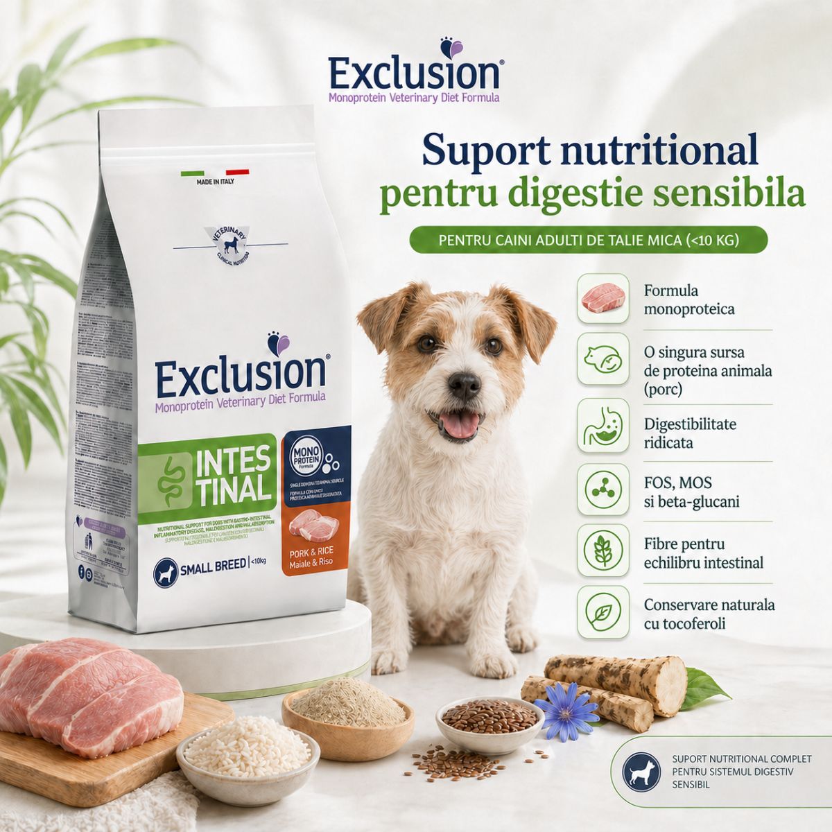 EXCLUSION Monoprotein VD Intestinal Small, XS-S, Porc și Orez, dietă veterinară, hrană uscată câini, sistem digestiv, 2kg - imagine 3